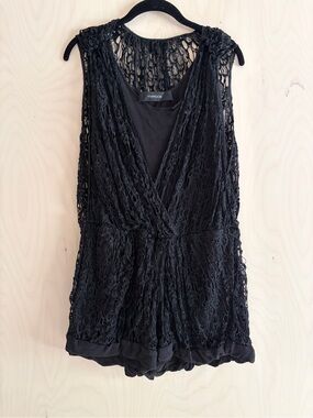 Thakoon Black Lace Sleeveless Romper with V-Neck